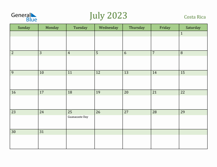 July 2023 Calendar with Costa Rica Holidays