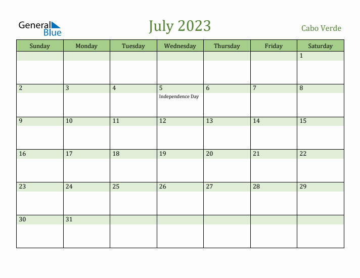 July 2023 Calendar with Cabo Verde Holidays