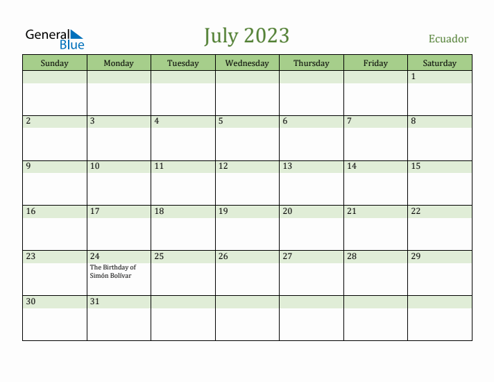 July 2023 Calendar with Ecuador Holidays