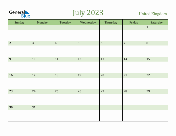 July 2023 Calendar with United Kingdom Holidays