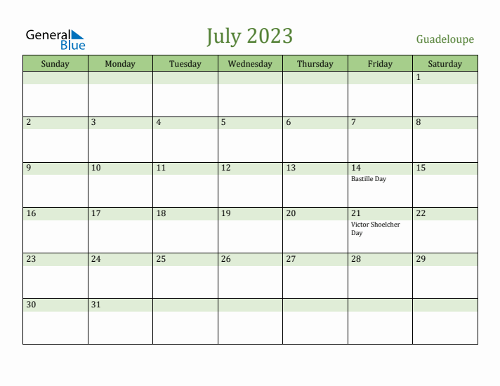 July 2023 Calendar with Guadeloupe Holidays