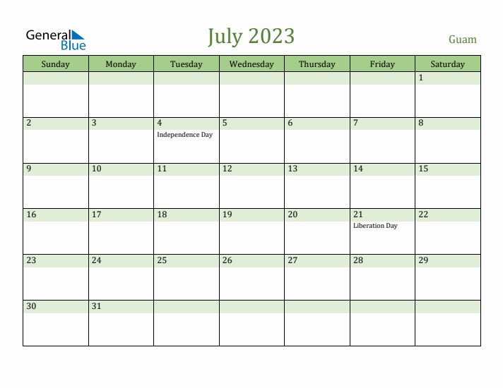 July 2023 Calendar with Guam Holidays