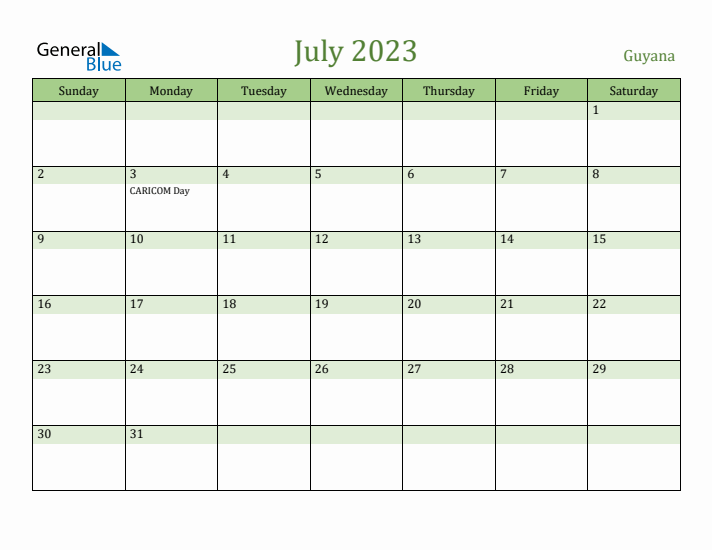 July 2023 Calendar with Guyana Holidays