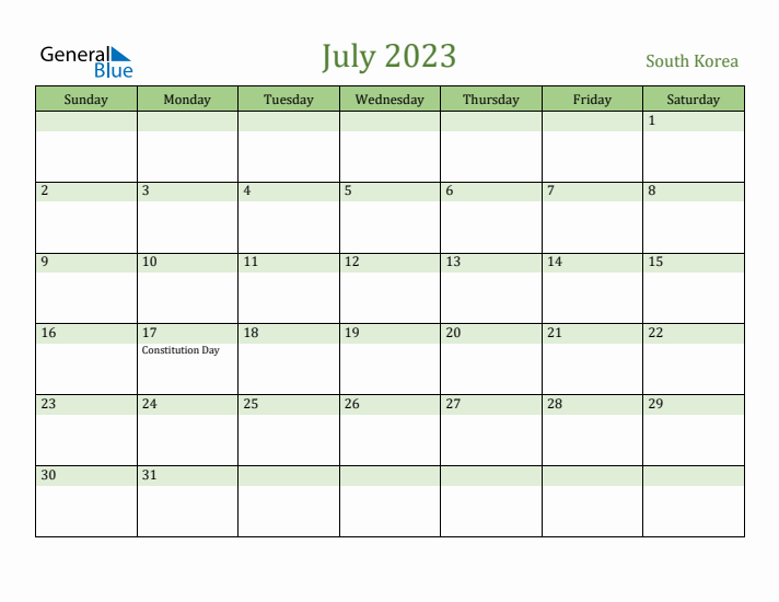 July 2023 Calendar with South Korea Holidays