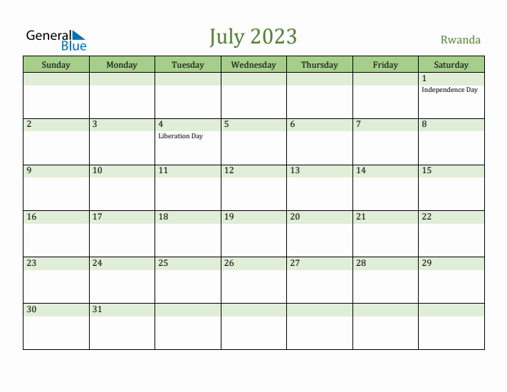 July 2023 Calendar with Rwanda Holidays