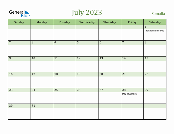 July 2023 Calendar with Somalia Holidays