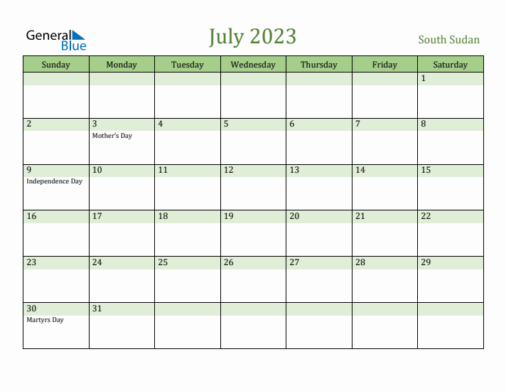 July 2023 Calendar with South Sudan Holidays