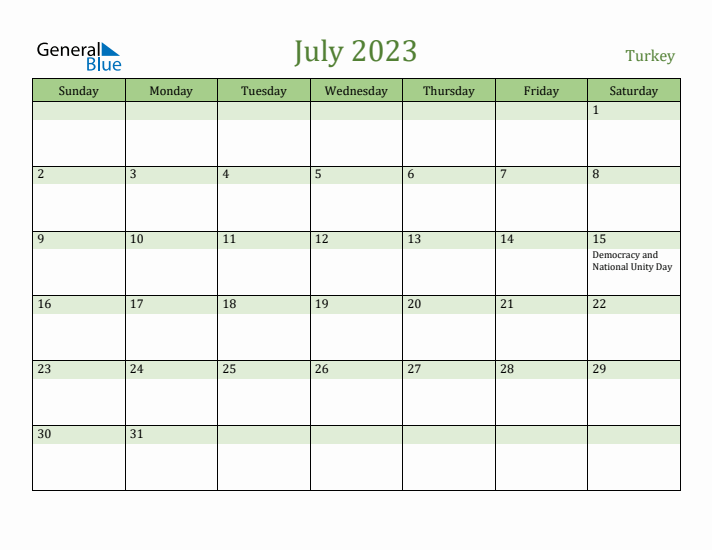 July 2023 Calendar with Turkey Holidays