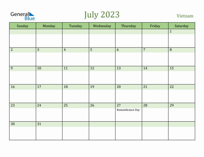 July 2023 Calendar with Vietnam Holidays