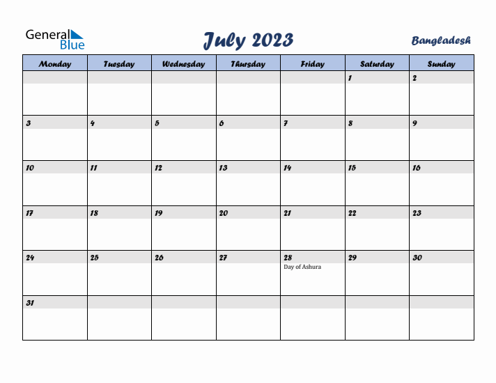 July 2023 Calendar with Holidays in Bangladesh