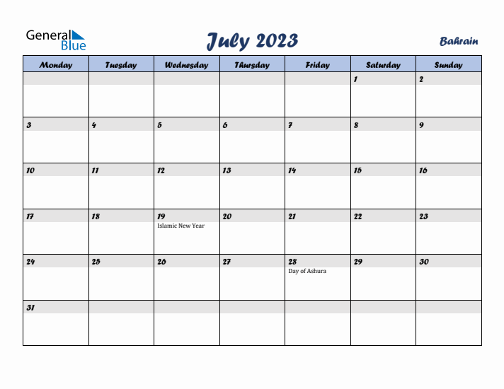 July 2023 Calendar with Holidays in Bahrain