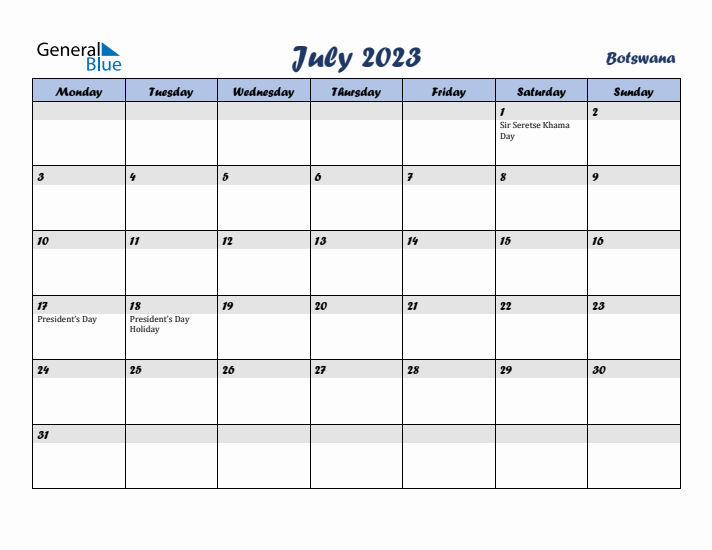 July 2023 Calendar with Holidays in Botswana