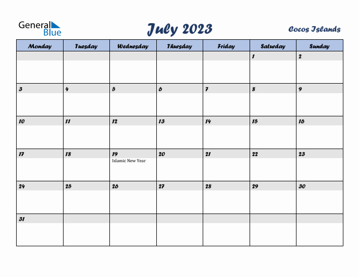 July 2023 Calendar with Holidays in Cocos Islands