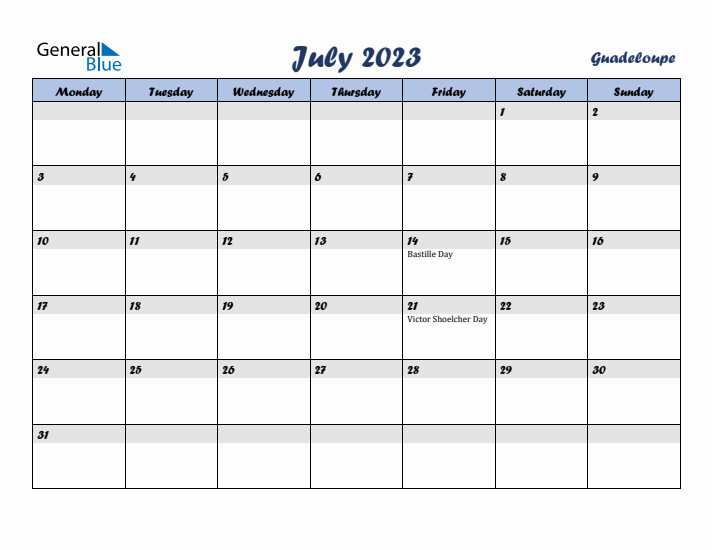 July 2023 Calendar with Holidays in Guadeloupe