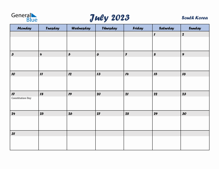 July 2023 Calendar with Holidays in South Korea