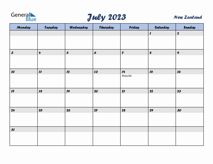 July 2023 Calendar with Holidays in New Zealand