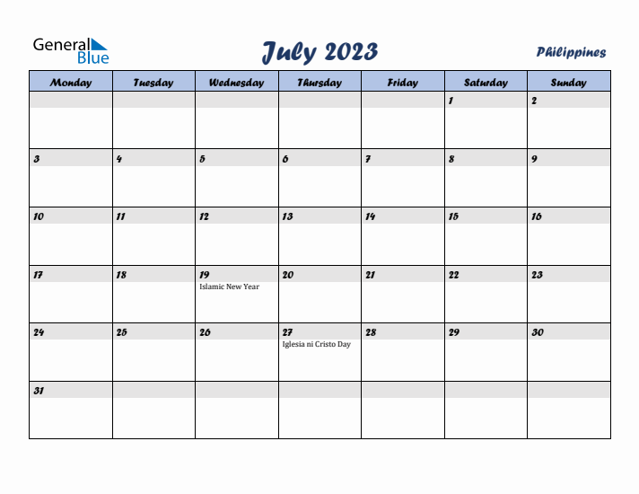 July 2023 Calendar with Holidays in Philippines