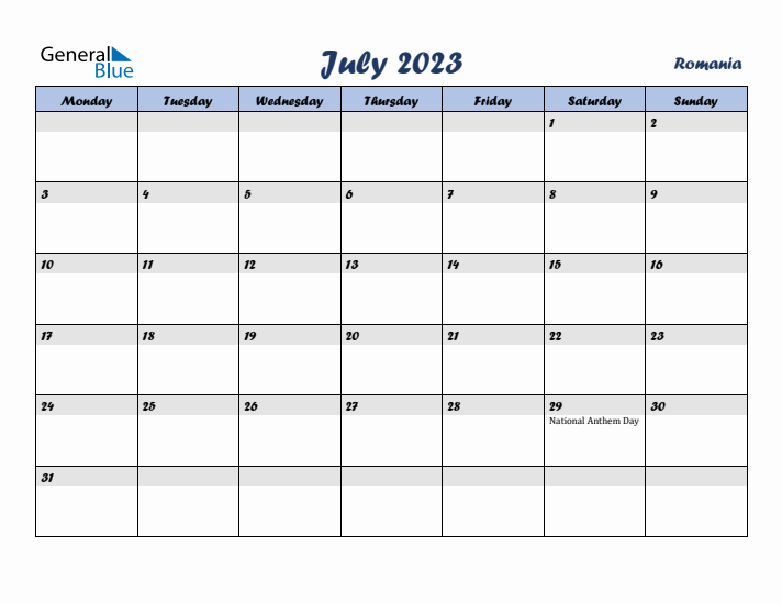 July 2023 Calendar with Holidays in Romania