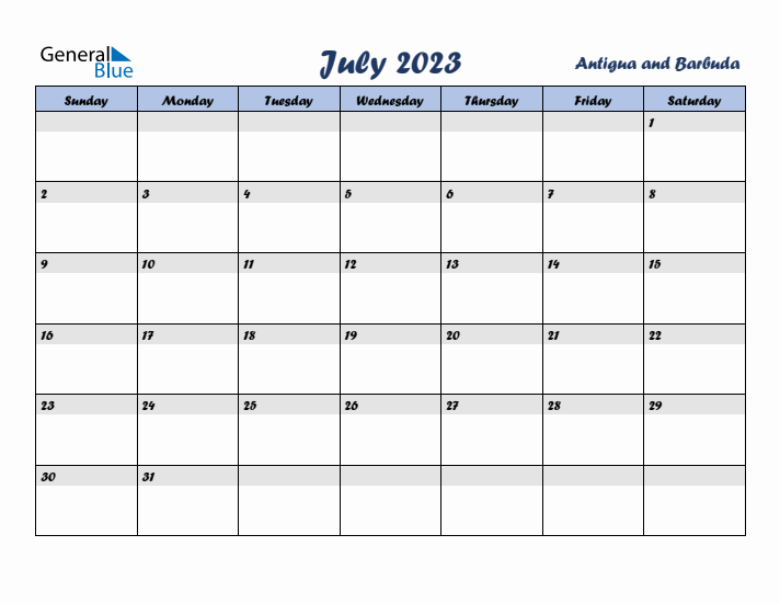 July 2023 Calendar with Holidays in Antigua and Barbuda