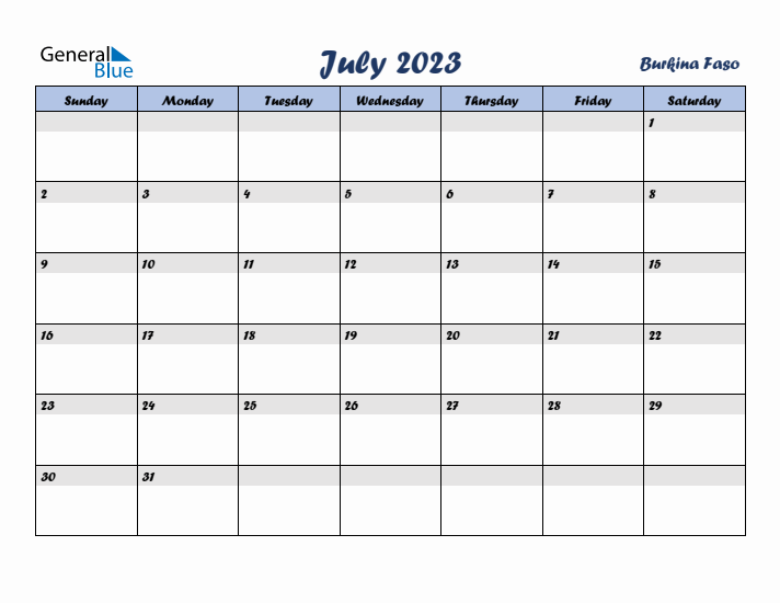 July 2023 Calendar with Holidays in Burkina Faso