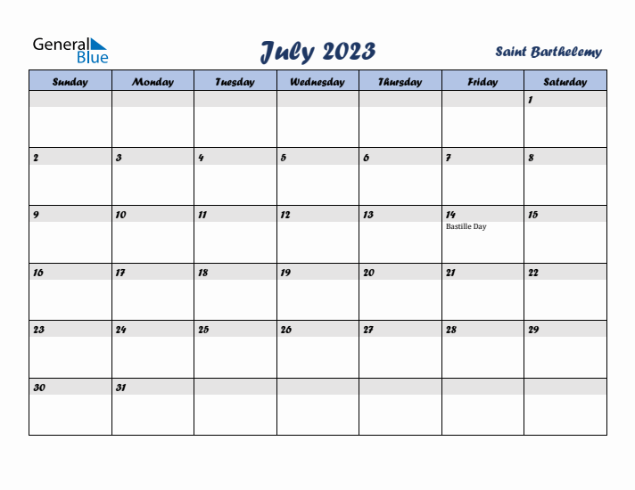 July 2023 Calendar with Holidays in Saint Barthelemy