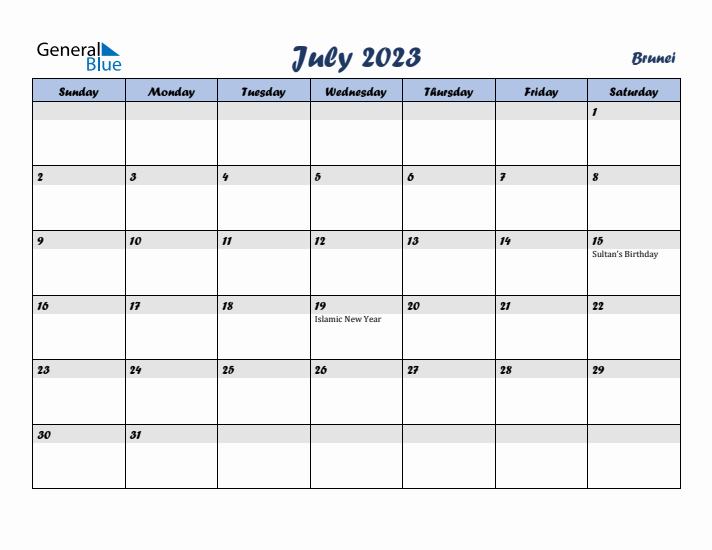 July 2023 Calendar with Holidays in Brunei