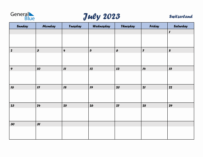 July 2023 Calendar with Holidays in Switzerland