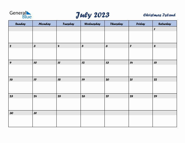 July 2023 Calendar with Holidays in Christmas Island