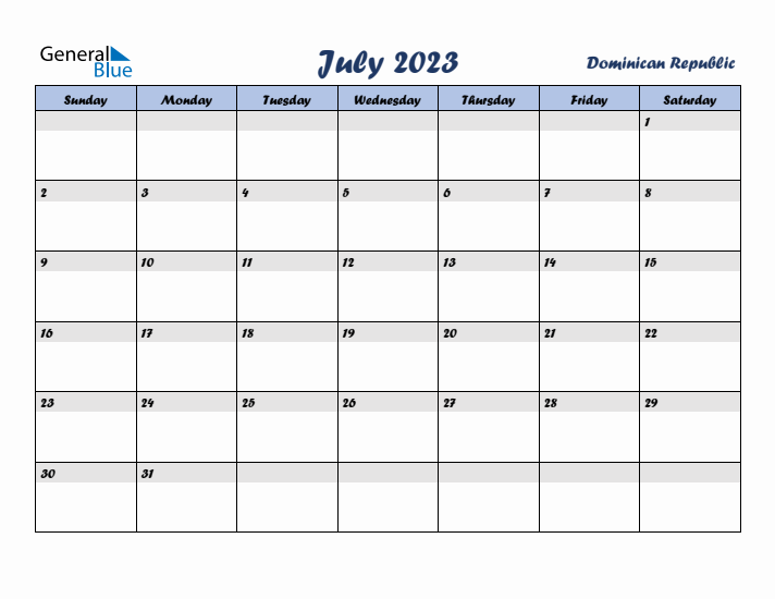 July 2023 Calendar with Holidays in Dominican Republic