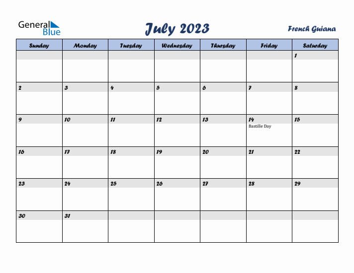 July 2023 Calendar with Holidays in French Guiana