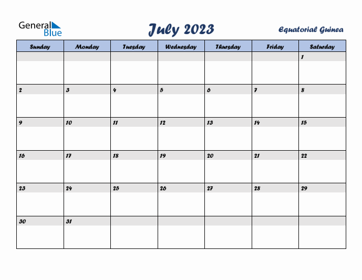 July 2023 Calendar with Holidays in Equatorial Guinea