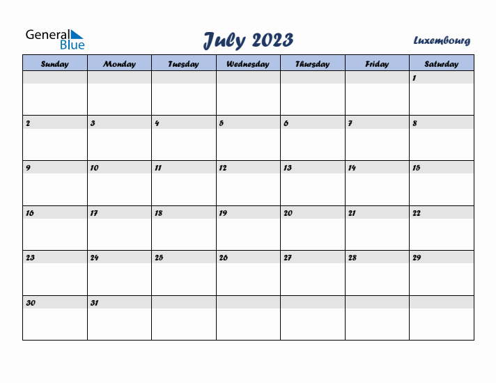 July 2023 Calendar with Holidays in Luxembourg