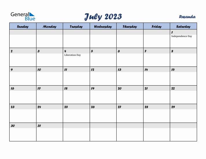 July 2023 Calendar with Holidays in Rwanda