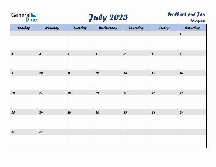 July 2023 Calendar with Holidays in Svalbard and Jan Mayen