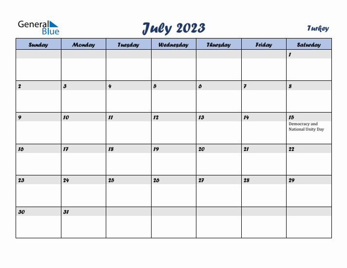 July 2023 Calendar with Holidays in Turkey