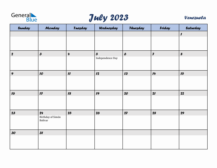 July 2023 Calendar with Holidays in Venezuela