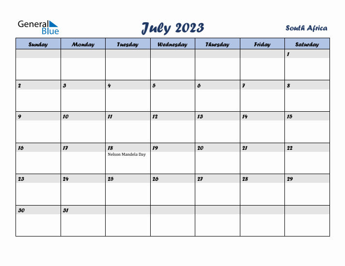 July 2023 Calendar with Holidays in South Africa