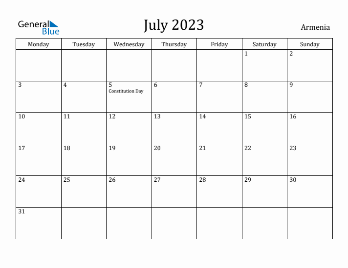 July 2023 Calendar Armenia