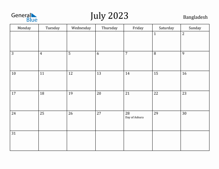 July 2023 Calendar Bangladesh