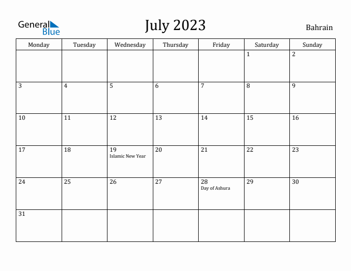 July 2023 Calendar Bahrain