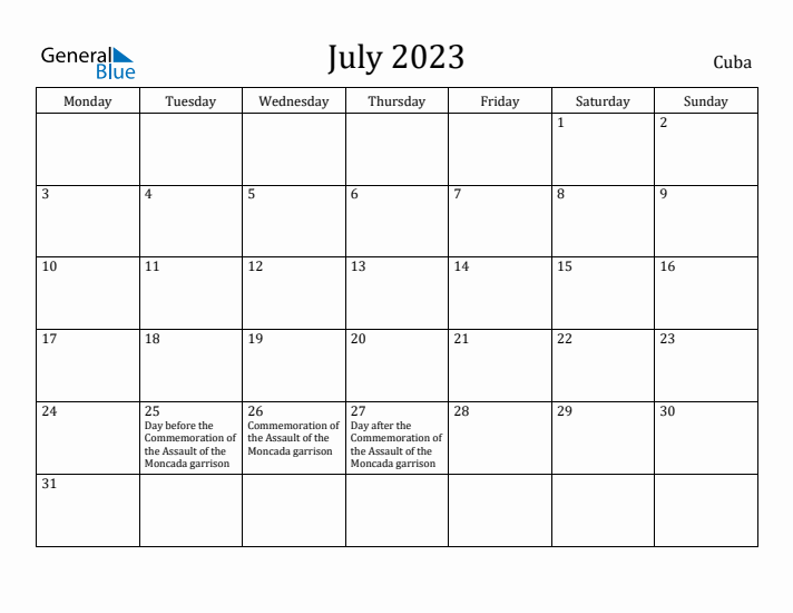 July 2023 Calendar Cuba