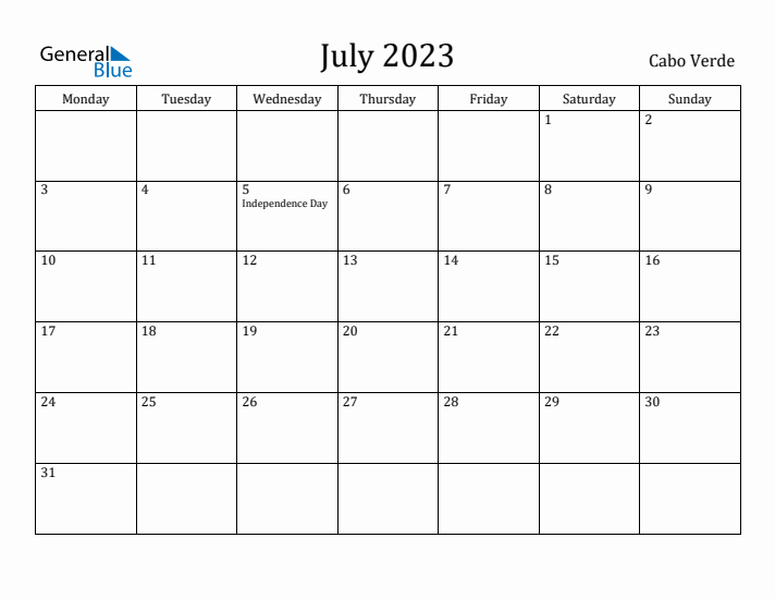 July 2023 Calendar Cabo Verde