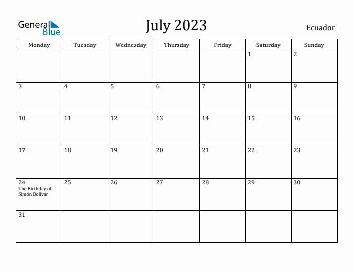 July 2023 Calendar Ecuador