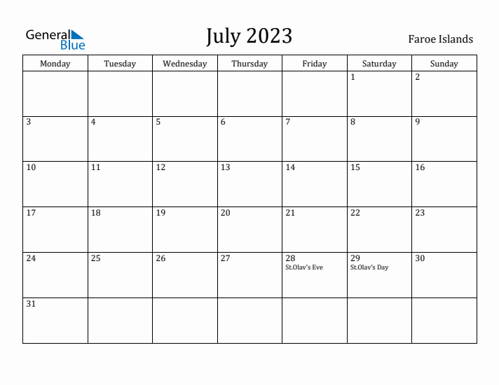 July 2023 Calendar Faroe Islands