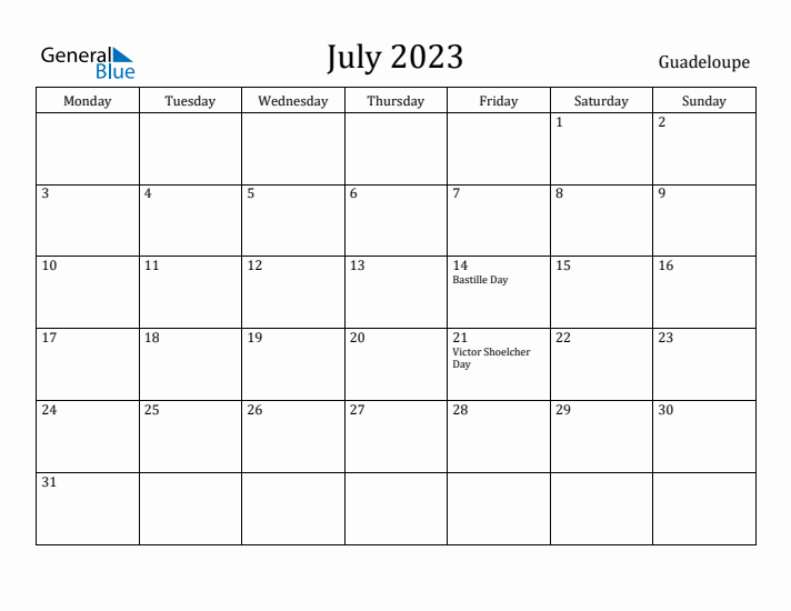 July 2023 Calendar Guadeloupe