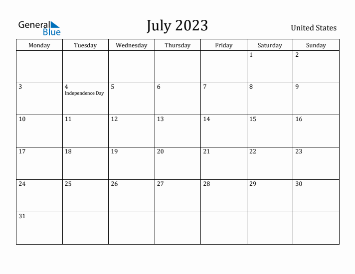 July 2023 Calendar United States