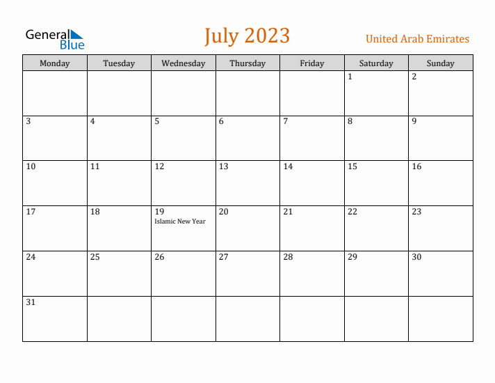 July 2023 Holiday Calendar with Monday Start