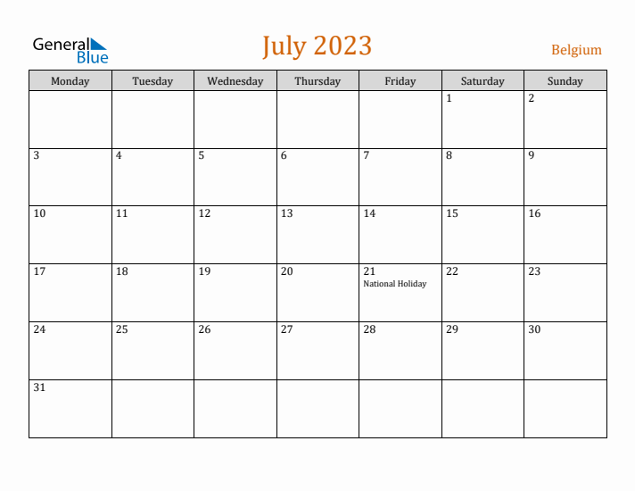 July 2023 Holiday Calendar with Monday Start