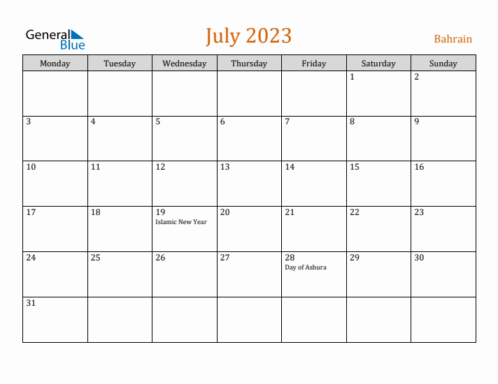 July 2023 Holiday Calendar with Monday Start