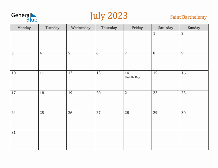 July 2023 Holiday Calendar with Monday Start